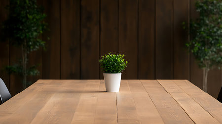 Plant in a white pot sits on a wooden table in front of a dark stained wood wall with foliage on each side.の写真素材