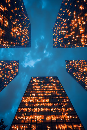 City lights illuminate the night sky in a modern urban landscape creating a stunning visual display.の写真素材