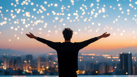 Silhouetted figure embraces the sunset over a cityscape arms outstretched towards a sky filled with bokeh lights.の写真素材