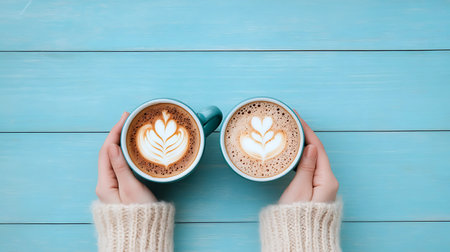Warm drinks on a cold day latte art two hands holding coffee mugs on a turquoise wooden background.の写真素材