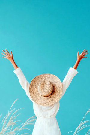 Woman in white dress with straw hat in front of blue backdrop reaching to the sky summer vibes.の写真素材