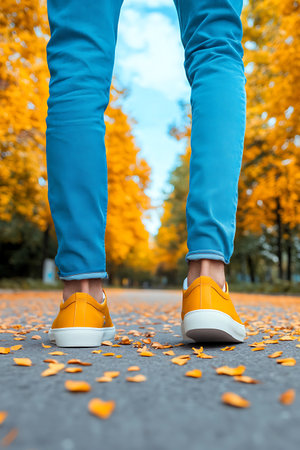 Autumn Walk: Yellow shoes on a leaf-strewn path person wearing blue jeans in an autumn park.の写真素材