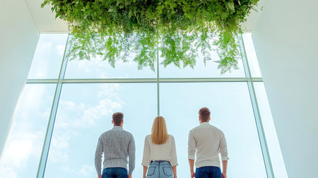 People gazing out large window with foliage above bright spacious environment Nature meets architecture.の写真素材