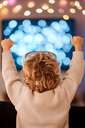 Excited child cheers while watching a screen wearing glasses and raising fists in celebration.