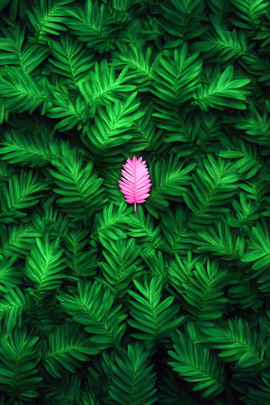 Lush Green Foliage with a Standout Pink Leaf: A vibrant natural scene emphasizing uniqueness and freshness.の写真素材