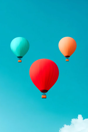 Vibrant hot air balloons float against a clear blue sky promising adventure and breathtaking views.の写真素材