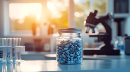 Pharmaceutical Research: Jar of Capsules on a lab table with microscope in background.の写真素材