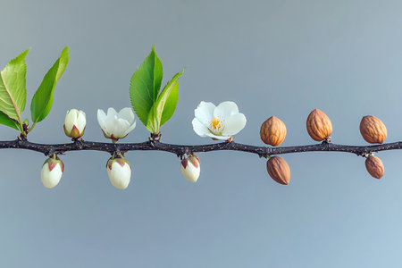 Branch showing plant life cycle: budding leaves blossoms and mature seeds all in a straight line.の写真素材