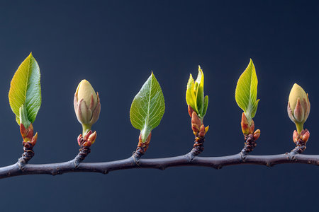 Spring's arrival: buds bloom showing nature's growth from dormant to green in a delicate transition.