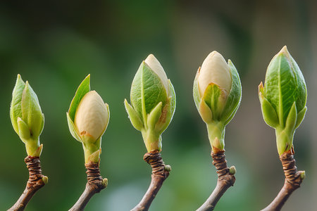 Blossoming buds: Stages of new life as leaves unfurl in springtime Signs of growth and renewal abound.の写真素材