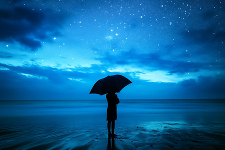 Contemplative silhouette stands with umbrella under starry night sky ocean waves gently washing ashore Serene.の写真素材