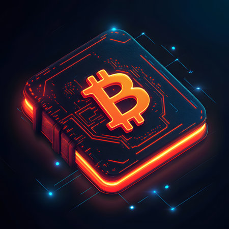 Digital currency block: an orange symbol on a square dark block with red circuit patterns and blue dots.の写真素材