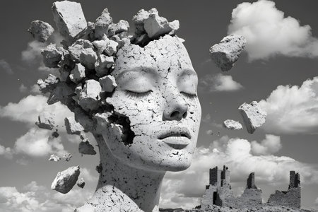 Stone face crumbling against a cloudy sky ruins in background Conceptual black and white image.の写真素材