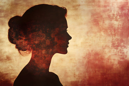 Silhouette of a woman's profile with a layered textured effect and warm tones evoking a sense of mystery.の写真素材