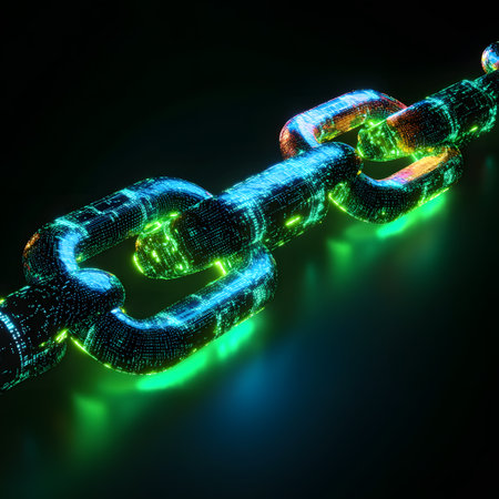 Illuminated Chain Links: Interconnected digital chain links glow with neon lights against a dark...