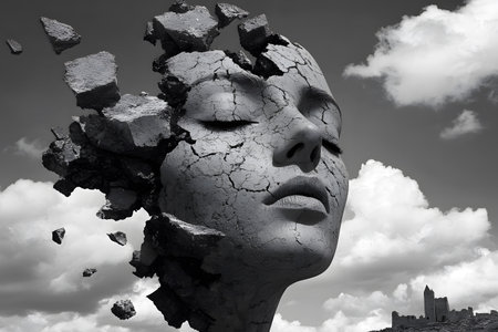Fractured Identity: A grayscale face crumbles against a dramatic sky evoking fragility and decay.の写真素材
