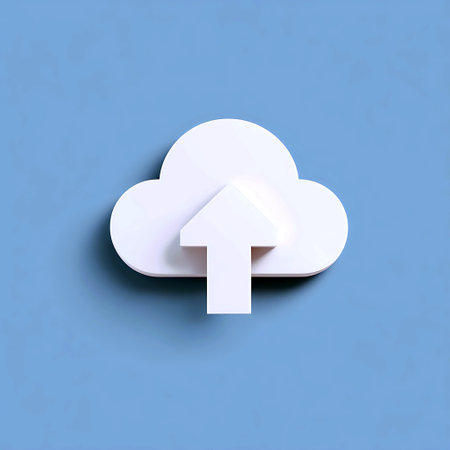 Cloud Upload Icon: A white cloud with an upward-pointing arrow on a light blue background simple and...