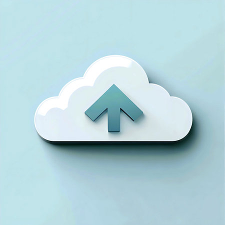 Cloud Upload: Data transfer to cloud storage featuring a blue arrow pointing upwards on a white cloud.の写真素材