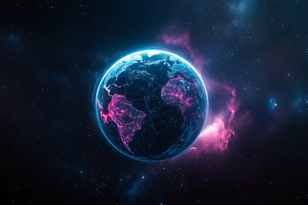 Digital Earth: Glowing network connecting continents amidst cosmic space and stardust.の写真素材
