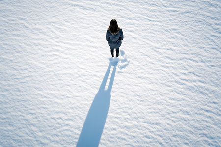 A solitary figure stands in a vast snow-covered expanse casting a long shadow in the winter light.