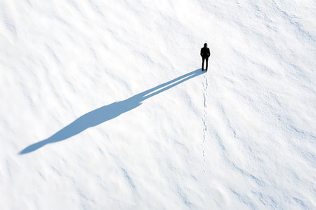 Lone figure stands on a vast snowy expanse a stark shadow stretching behind footprints in the snow.の写真素材