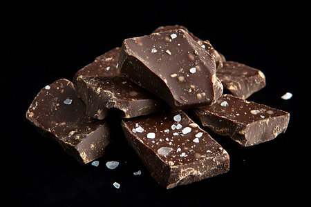 Irregularly sized chunks of dark chocolate scattered on a black surface sprinkled with crystalline salt.の写真素材