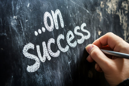 A hand writing the words 'on success' with chalk on a dark chalkboard.の写真素材