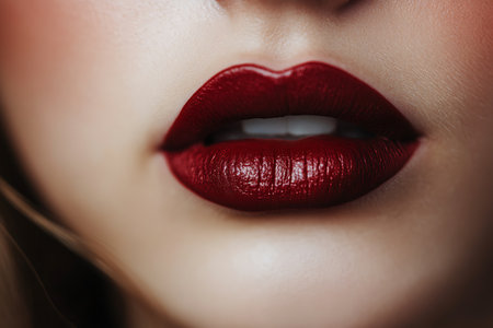 Close-up shot focusing on the captivating details of bold red lips Beauty and cosmetic concept.の写真素材