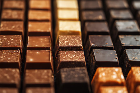 Assortment of Chocolates: Rows of neatly arranged tempting chocolate squares in varying shades and textures.の写真素材