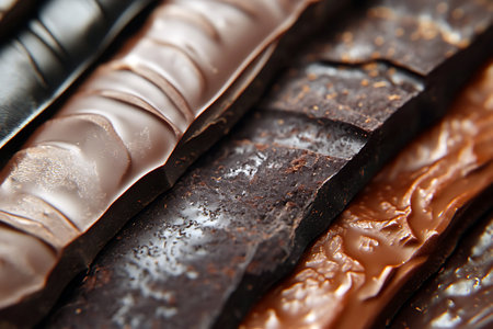 Chocolate bars in a variety of flavors and textures from dark to milk arranged close together.の写真素材
