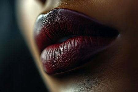 Detailed closeup of lips covered in a deep dark red color accentuating texture and shape.の写真素材