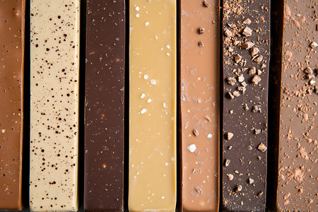Assortment of delicious chocolate bars Different varieties with tasty toppings and smooth textures.の写真素材