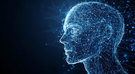 Networked Mind: A glowing blue network of nodes forming the shape of a human head against a dark...