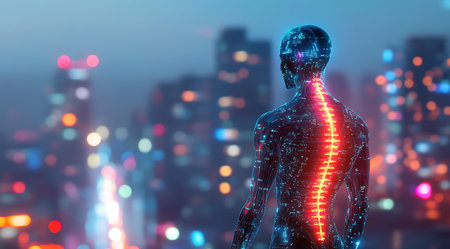 Digital human spine highlighted with glowing red circuitry against a backdrop of blurred city...