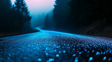 Mystical Blue Road: Foggy forest path glows with a surreal ethereal light Nature's beauty.の写真素材