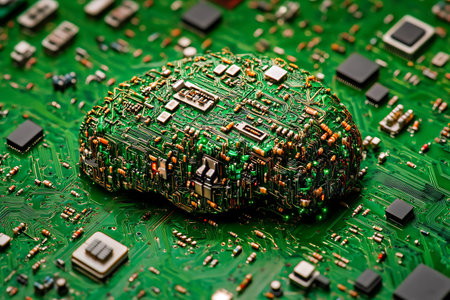 Electronic Brain: A circuit board in the shape of a brain symbolizes artificial intelligence.の写真素材