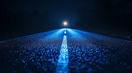Night Road: Illuminated path under a dark sky offering a sense of journey and unknown destination.の写真素材