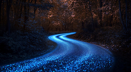 Glowing path winds through a dark forest illuminated with a radiant blue light that guides the way.の写真素材
