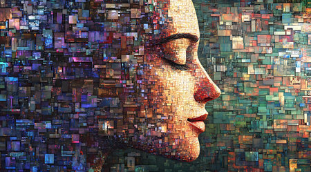 Abstract mosaic face with calm expression blending art and technology for a digital aesthetic.の写真素材