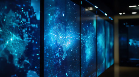 Digital World Map Displayed on Multiple Screens.の写真素材