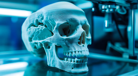 3D Printed Skull: A meticulously crafted skull model made with additive manufacturing technology.
