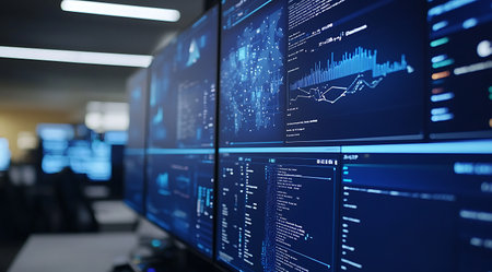 Data analysis center displaying complex charts and code on multiple monitors a visual information hub.の写真素材