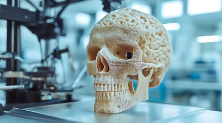 3D printed skull with intricate brain detail showcases cutting-edge tech and anatomical possibilities.の写真素材