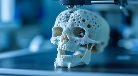 3D Printed Skull Model: A detailed layered construction shows anatomical detail innovation and technology.の写真素材