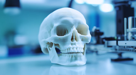 A pristine layered skull sculpture set against a blurred backdrop of lab machinery and blue hues.