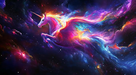 Unicorn soaring through the cosmos bathed in vibrant nebulas a symbol of magic and celestial grace.