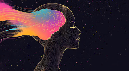 Conceptual illustration of a person with a colorful brain representing creativity and imagination.の写真素材