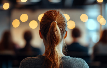 Woman attending conference or presentation Back view with lights Audience member listens intently.の写真素材