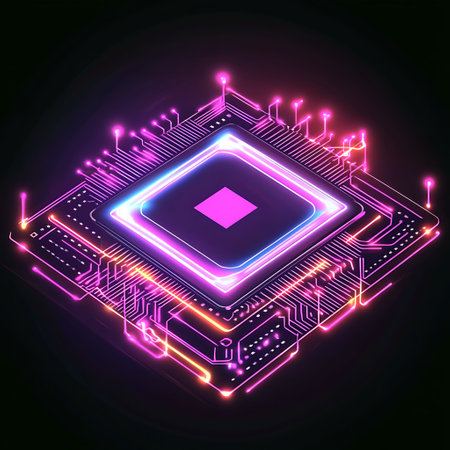 Futuristic digital circuit board with vibrant neon lights showcasing technology and innovation.の写真素材