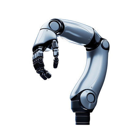 Articulated robotic arm with a sleek metallic design showcasing advanced engineering on a white...